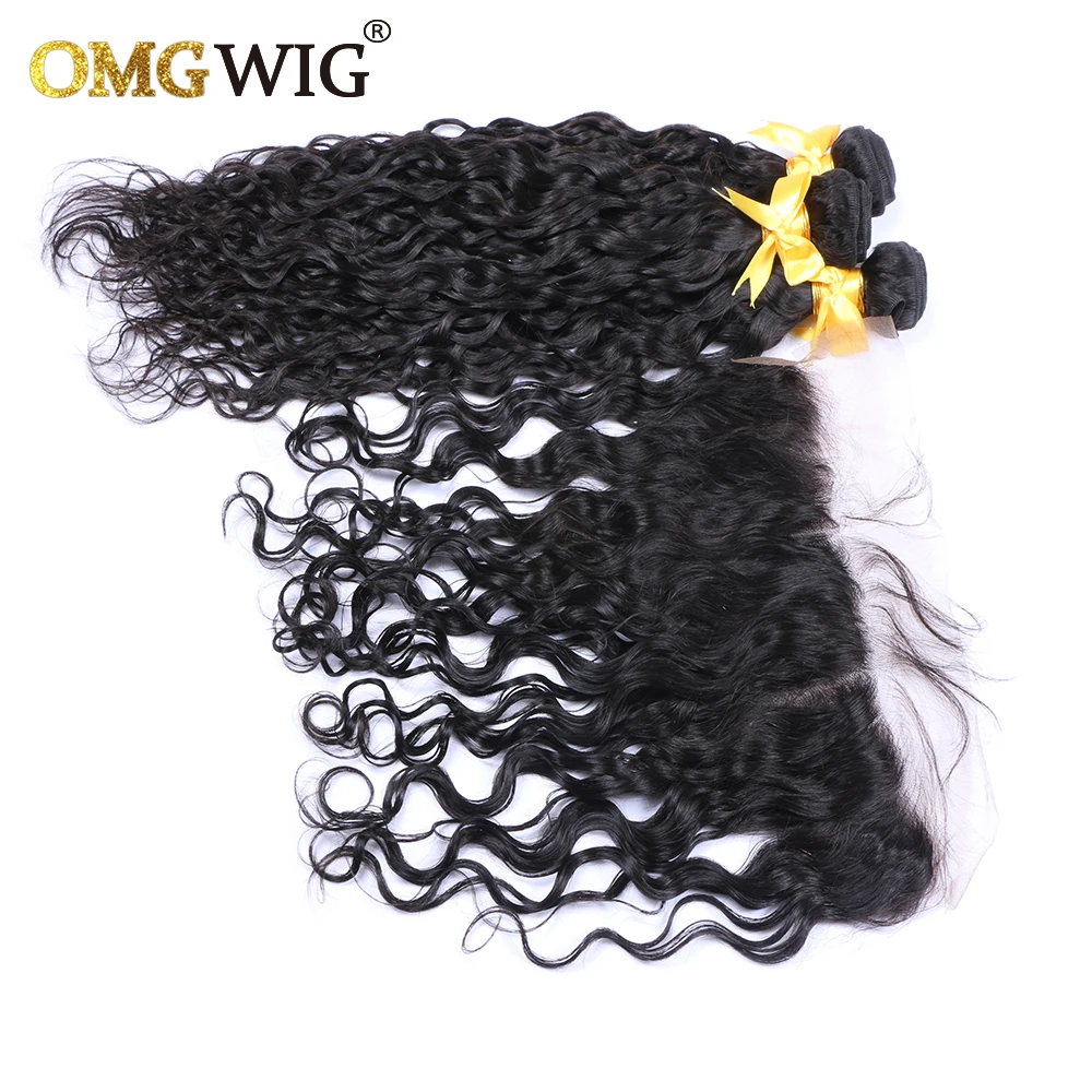 Natural Color Hair Bundles With 13x4 Base Closures Water Wave Brazilian Human Hair Free Part Bleached Knots Transparent Lace