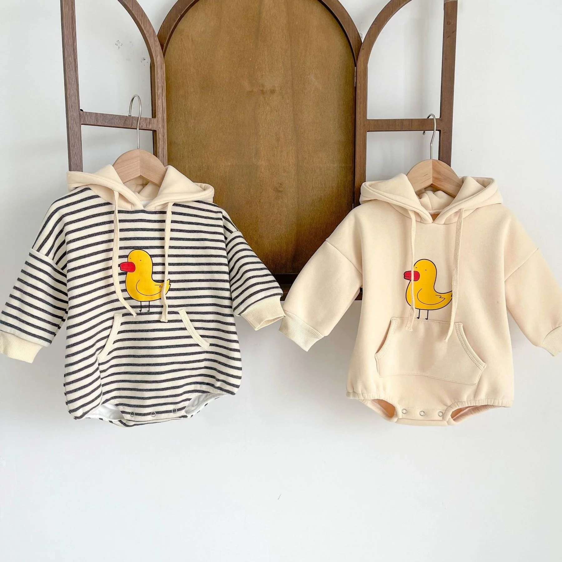 Koodykids Autumn Baby Girls Boys Striped Hooded Bodysuits Toddler Boys Rompers Duck Printed Long Sleeve Thick Bodysuits Winter best Baby Bodysuits