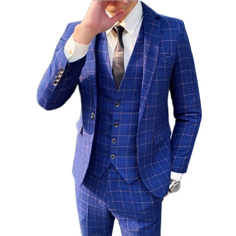 

2023 New Arrival Men Business Casual Slim Plaid Fit Suit Jacket Coat Male High Quality Wedding 3 Pieces Set Blazes Pant Vest
