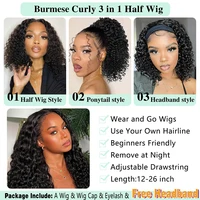 Demi-perruque bouclée birmane 3 en 1, cheveux naturels, sans colle, prête à porter, demi-perruque avec cordon de serrage, demi-perruque 3