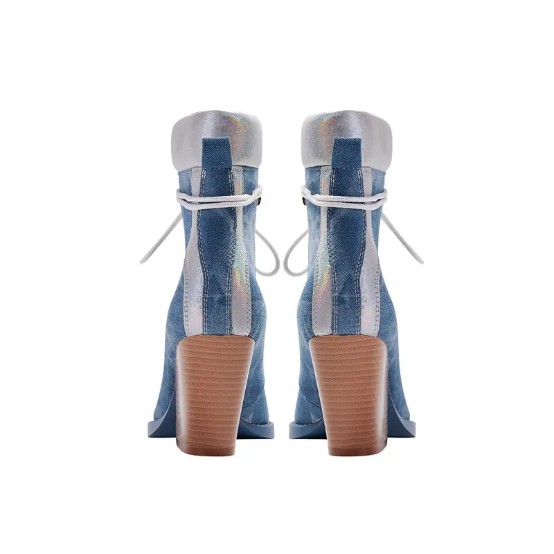 

Модные женские ботильоны с острым носком на массивном каблуке 8,5 см, со шнуровкой, джинсовые ботинки больших размеров 44 45 46, повседневные женские ботинки