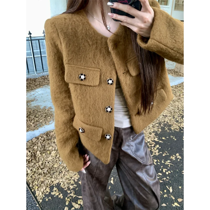 Women Woolen Small Fragrant Coat  Autumn Winter  Elegant Simple Casual Korean Fashion Basic Crewneck  Short Woolen Coat Lady