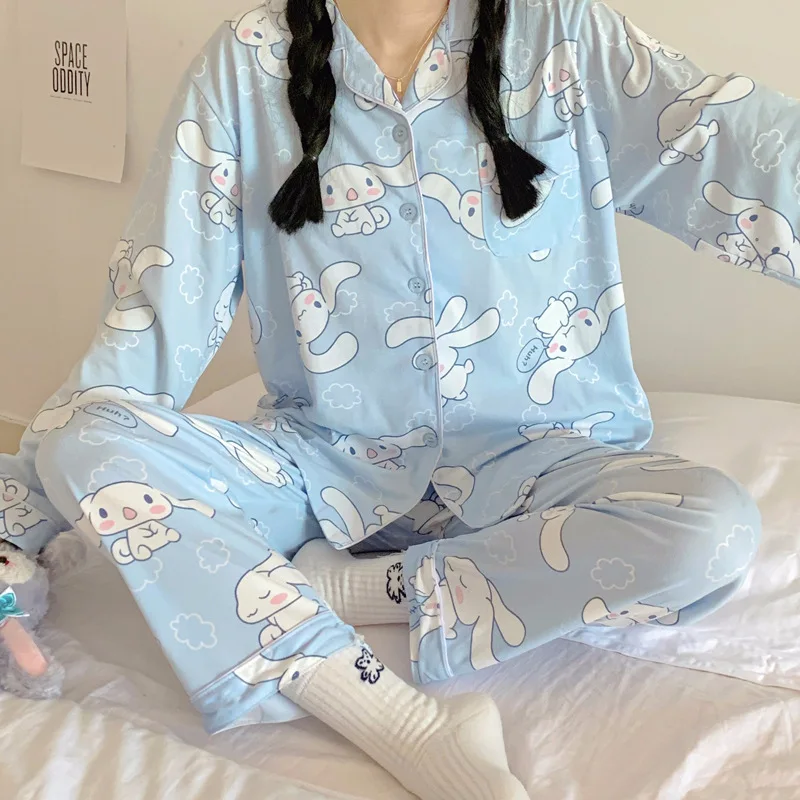 

Sanrio Hellokitty Cinnamoroll модная одежда для сна для девочек весна-осень Милая пижама с принтом пижама с длинным рукавом женский Комплект пеньюар костюм