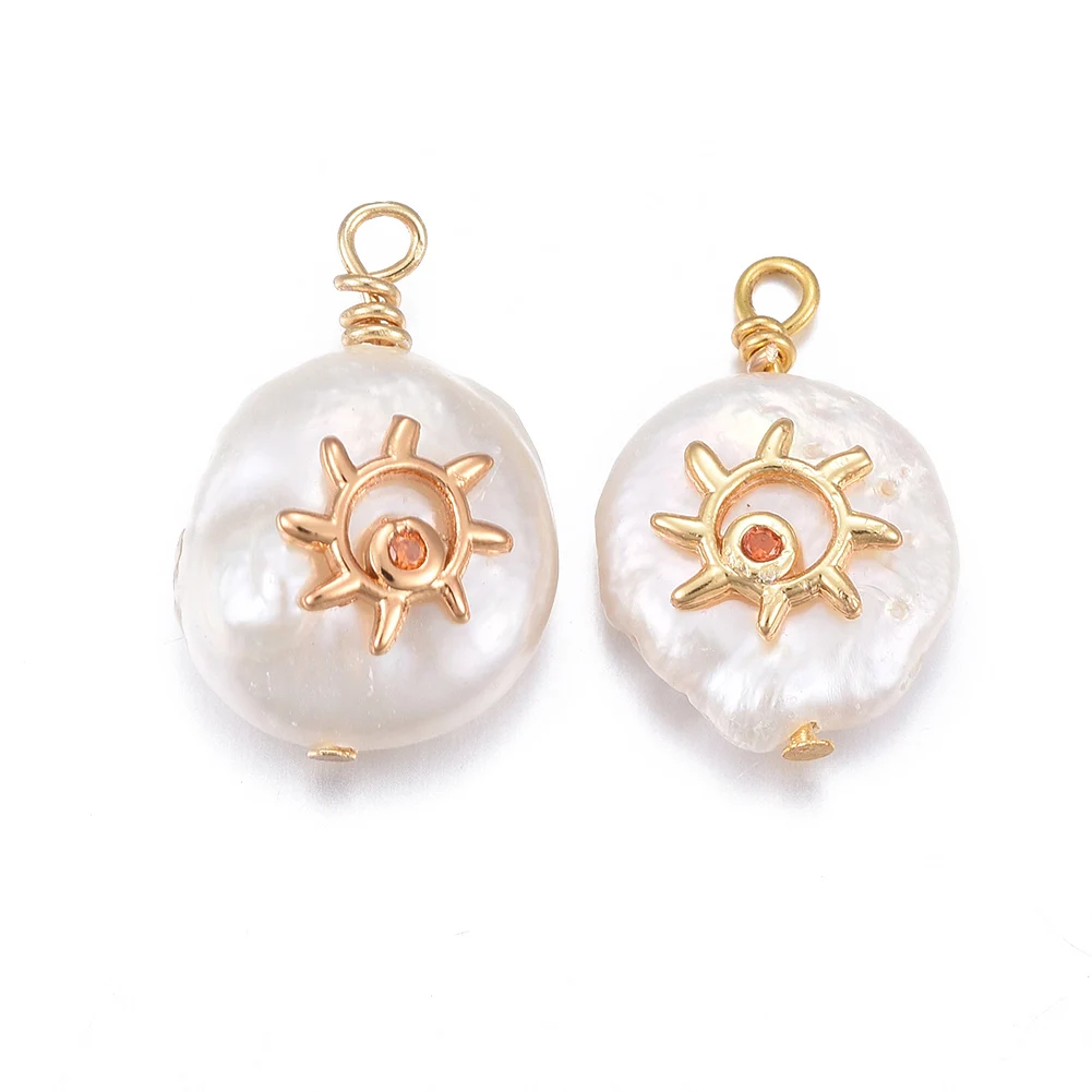 10pcs Natural Cultured Freshwater Pearl Pendant With Brass Micro Pave Cubic Zirconia Findings Nugget With Sun For Jewelry Making