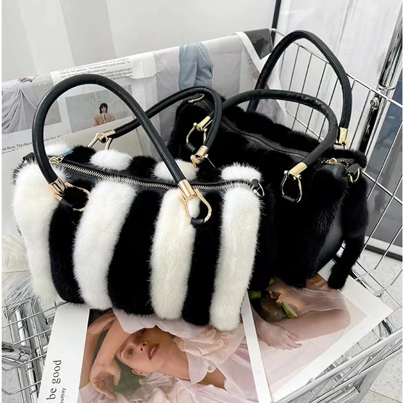 Winter Real Mink Fur Bag Luxury Brown Handbags Women High Quality Crossbody Bag Furry Large Capacity Striped Shoulder Handbag