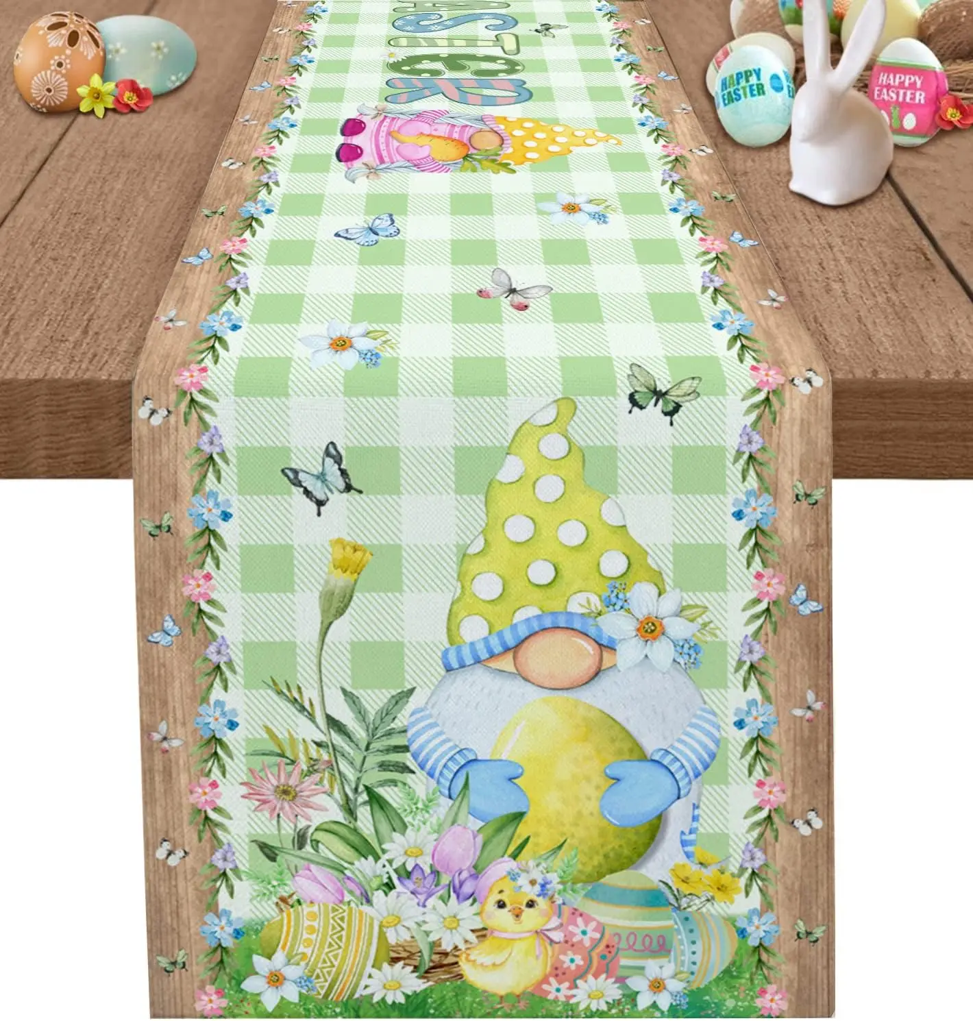Gnomi Pasquali Uova Colorate Green Buffalo Plaid Runner Da Tavola In Lino Decorazioni Da Tavola Fattoria Tavolo Da Pranzo Runner Decorazioni Pasquali