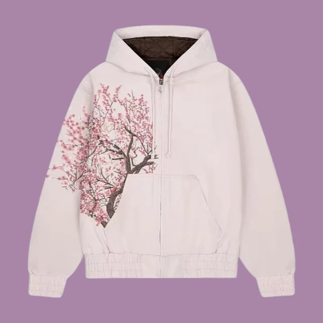 American New Trend Retro Cherry Blossom Embroidery Oversize Zipper Hoodie Men's Y2K Harajuku Hip-Hop Gothic Couple Sweatshirt 1