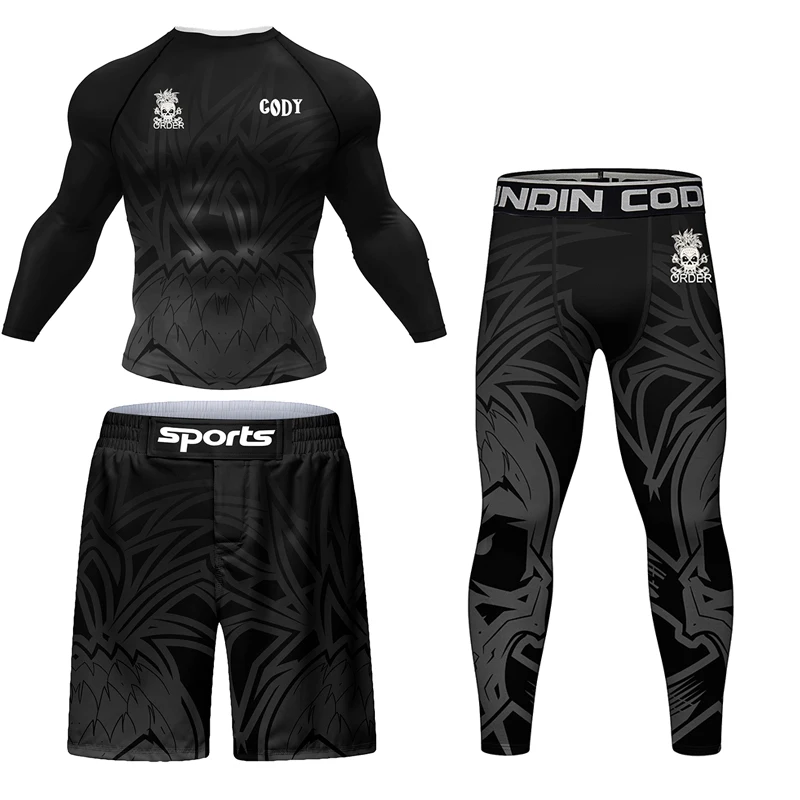 Skull Jiu jitsu Rush Guard MMA Compression T-Shirt Leggings Sets Bjj Gi Boxing Rashguard Men's Grappling Kickboxing Jerseys