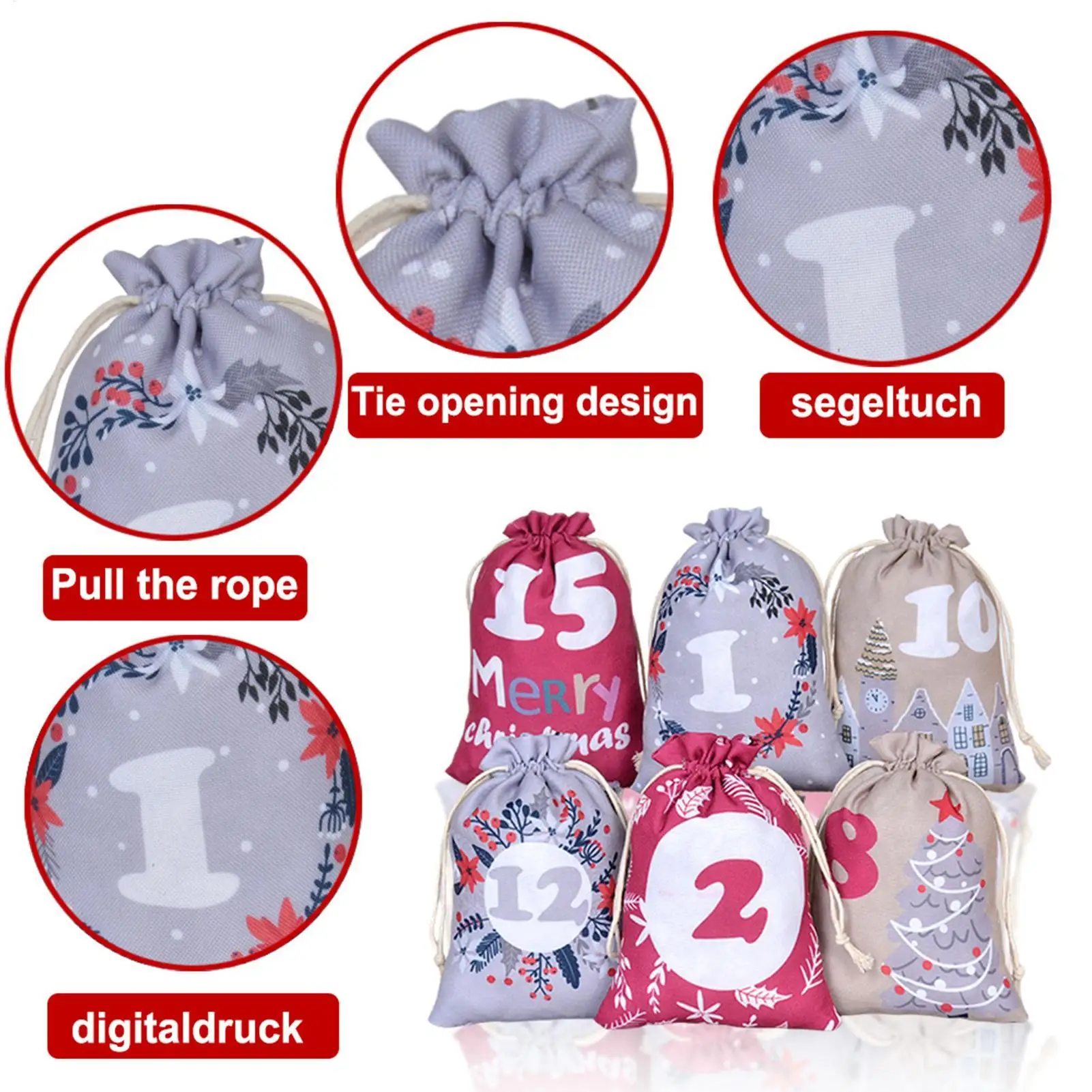 24Pcs Christmas Advent Calendar Bags Cartoon Drawstring Gift Bags Holiday Countdown Drawstring Pouches for Candy Snacks Toys