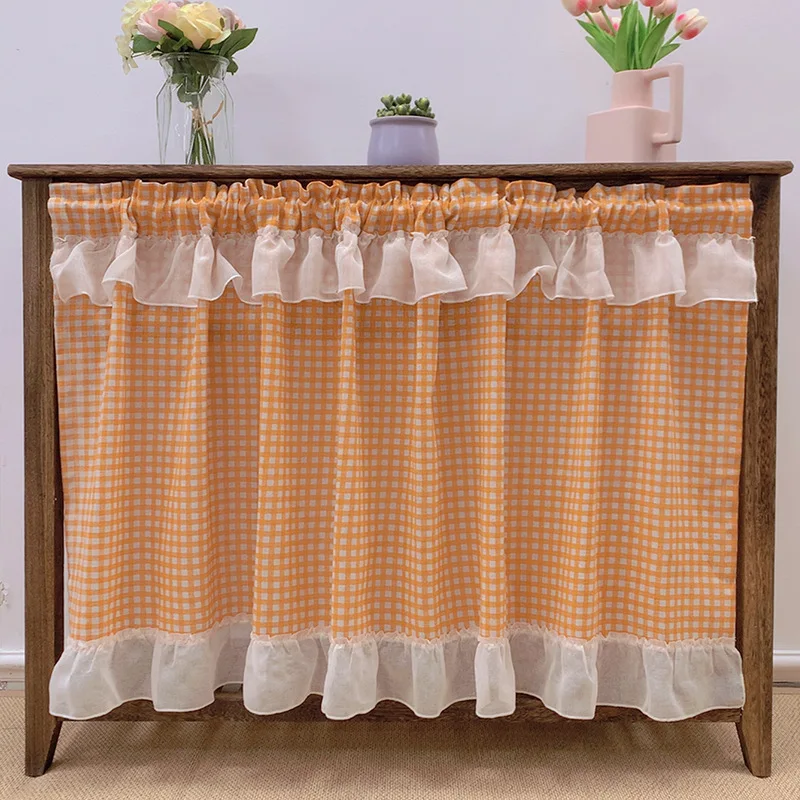 Cortinas de ventana con cenefa a cuadros, cortinas de filtrado de luz para dormitorio, sala de estar y comedor, color naranja y blanco, 221881HCR