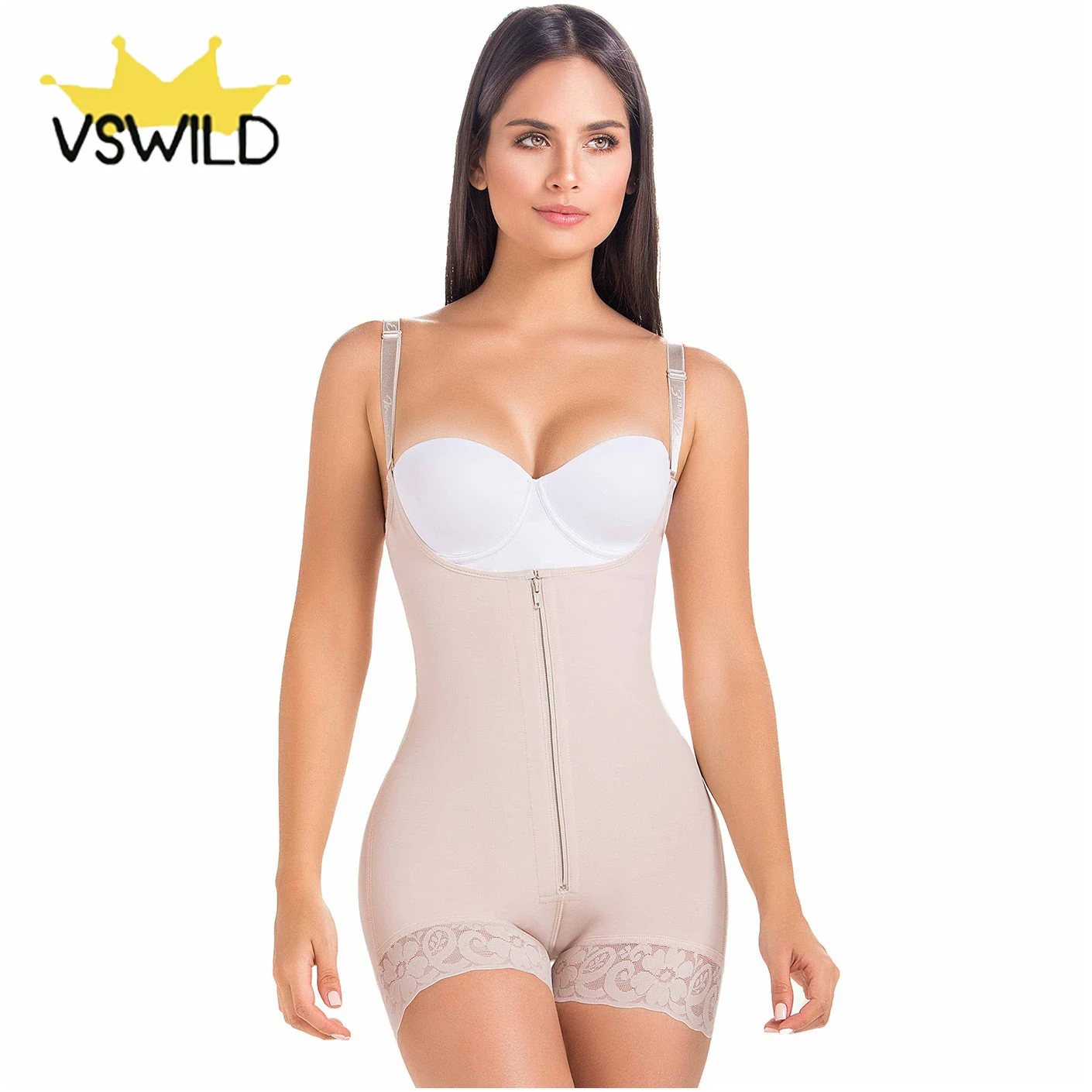 

Open Chest Sleeveless Bodysuit Shoulder Strap Zipper Shapewear High Compression Waist Trainer with Zipper and HooksHigh Waisted