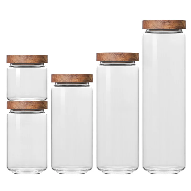 

5pcs Glass Airtight Canister Clear Jars Cereal Container Food Storage Bottles Coffee Beans Tea Jar Can with Wood Lids Organizer