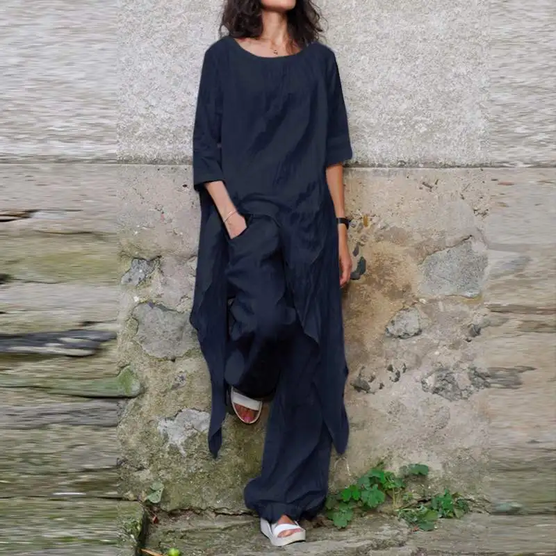 

2023 Spring/Summer Casual Loose Top Irregular Hem Round Leader Cotton Linen Suit Shirt Ensemble Femme 2 Pièces été