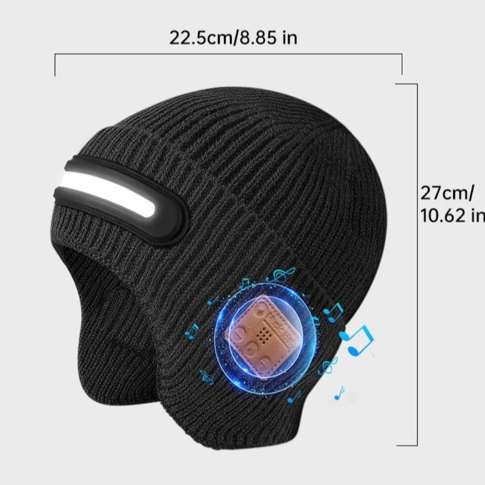 USB Rechargeable LED Lighted Beanie Hat Built-in Speaker Mic Detachable Bluetooth Earflap Hat Three-Stage Lighting
