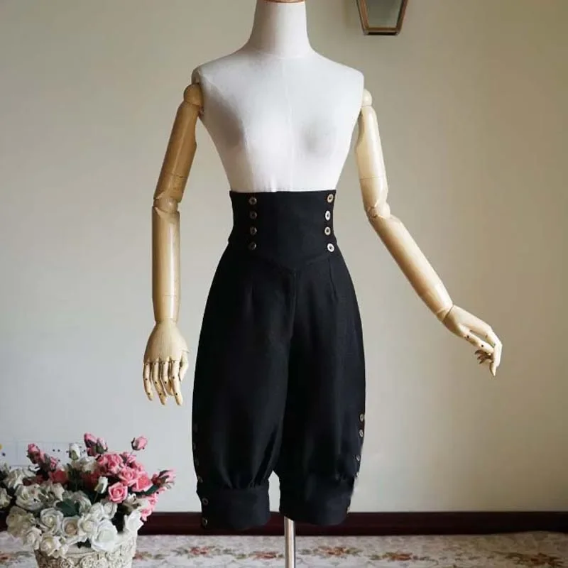 Gothic Steampunk High Waist Short Riding Breeches Black Lady Ouji Lolita Boystyle Trousers Riding Pants Unisex Biker 7 Pants.
