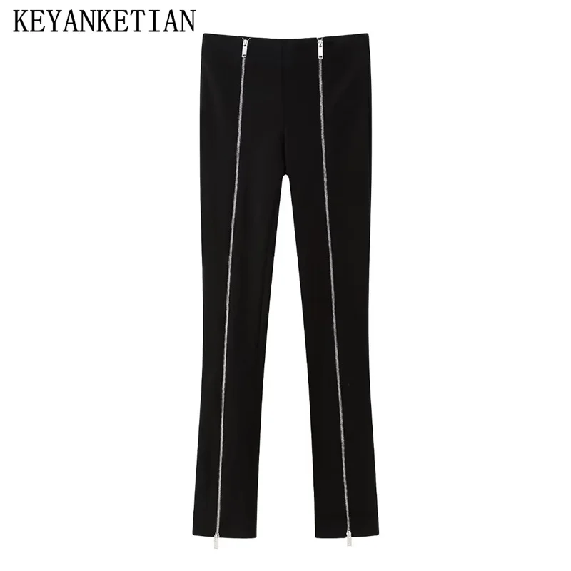 

KEYANKETIAN Autumn New Zipper Trim Women's Leggings Street Chic Skinny Pants Stretch Black Pencil Pants Mujer Pantalone Trouser