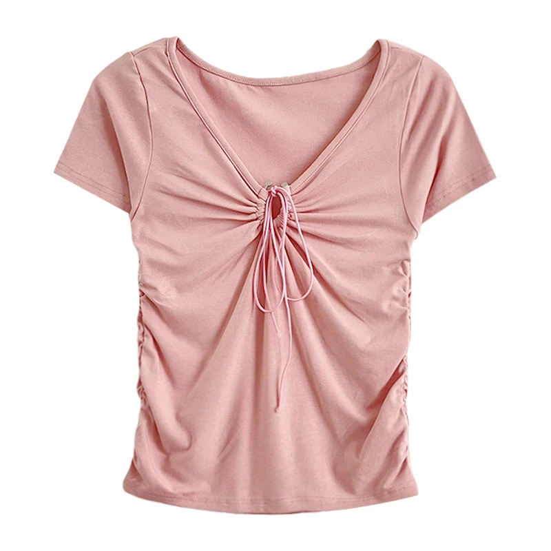

Sexy drawstring pleated V-neck SlimT-shirt