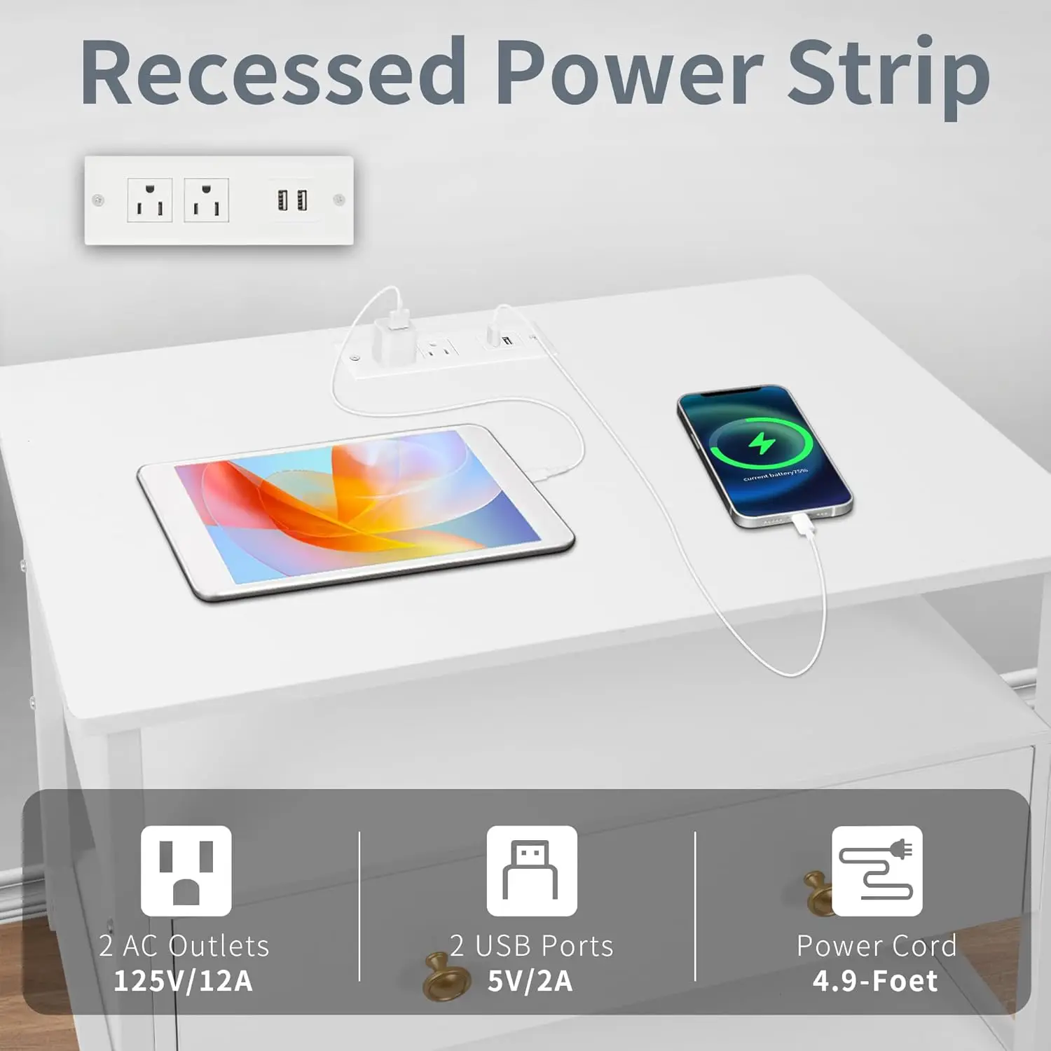 27 inch Nightstand Side Table with 1 Layer of Wooden Drawers，Nightstand with Charging Station,End Table Bedside Table