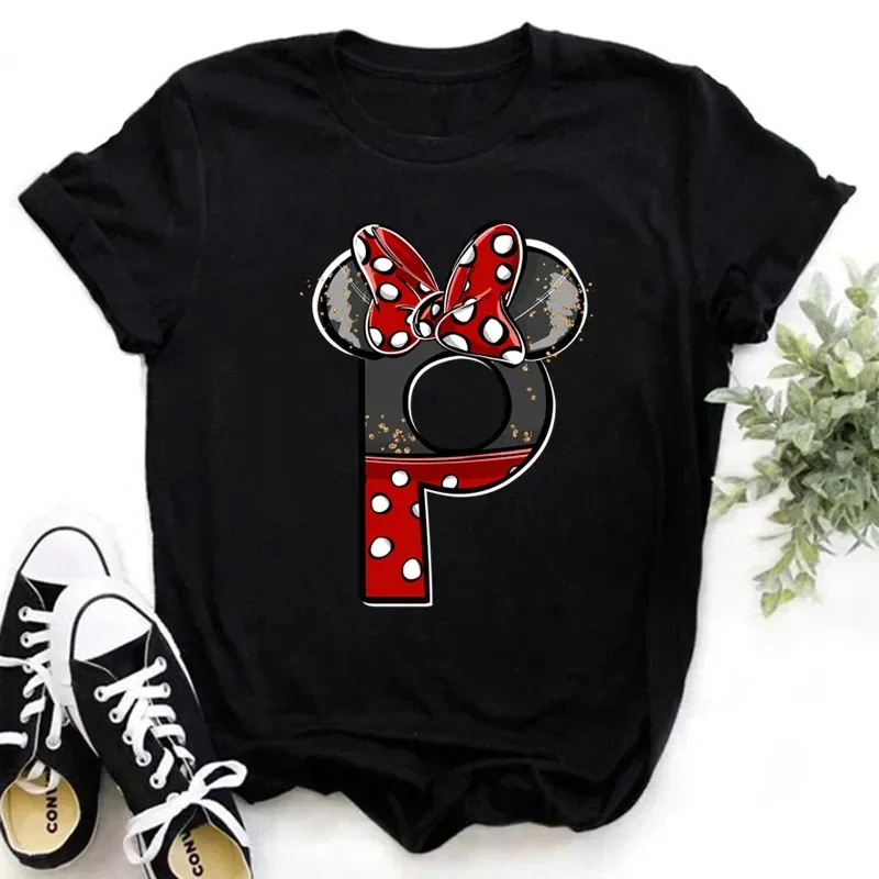 thumbnail image 1 of 2024 Marca Disney Ropa para niños Minnie Mouse Rojo Negro Letras AZ Estampado Niñas Niños Algodón Camiseta Negro Y2k Tops Camisetas para bebés, 1 of 5