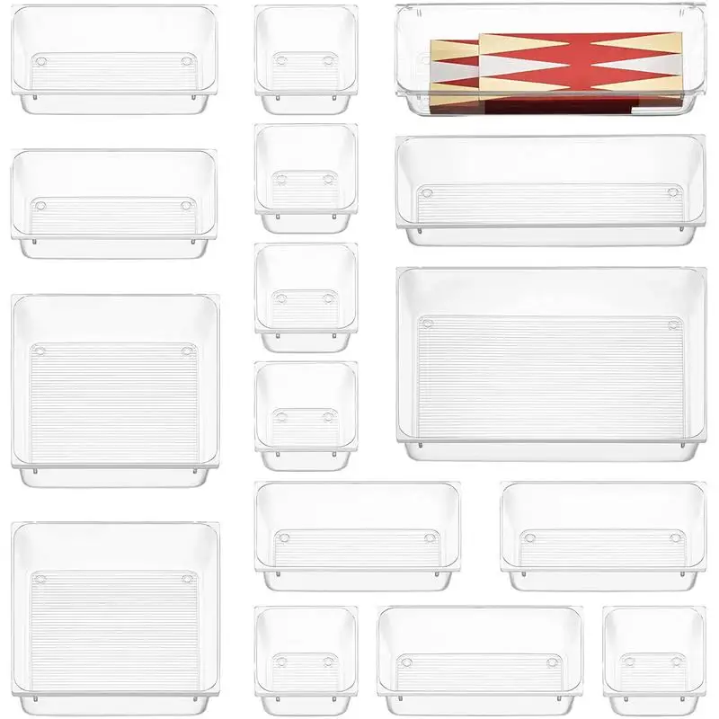 

16PCS Desk Drawer Organizers Set Plastic Bathroom Storage Makeup Organizer Clear Transparent Storage Box Bins Kitchen Gadget