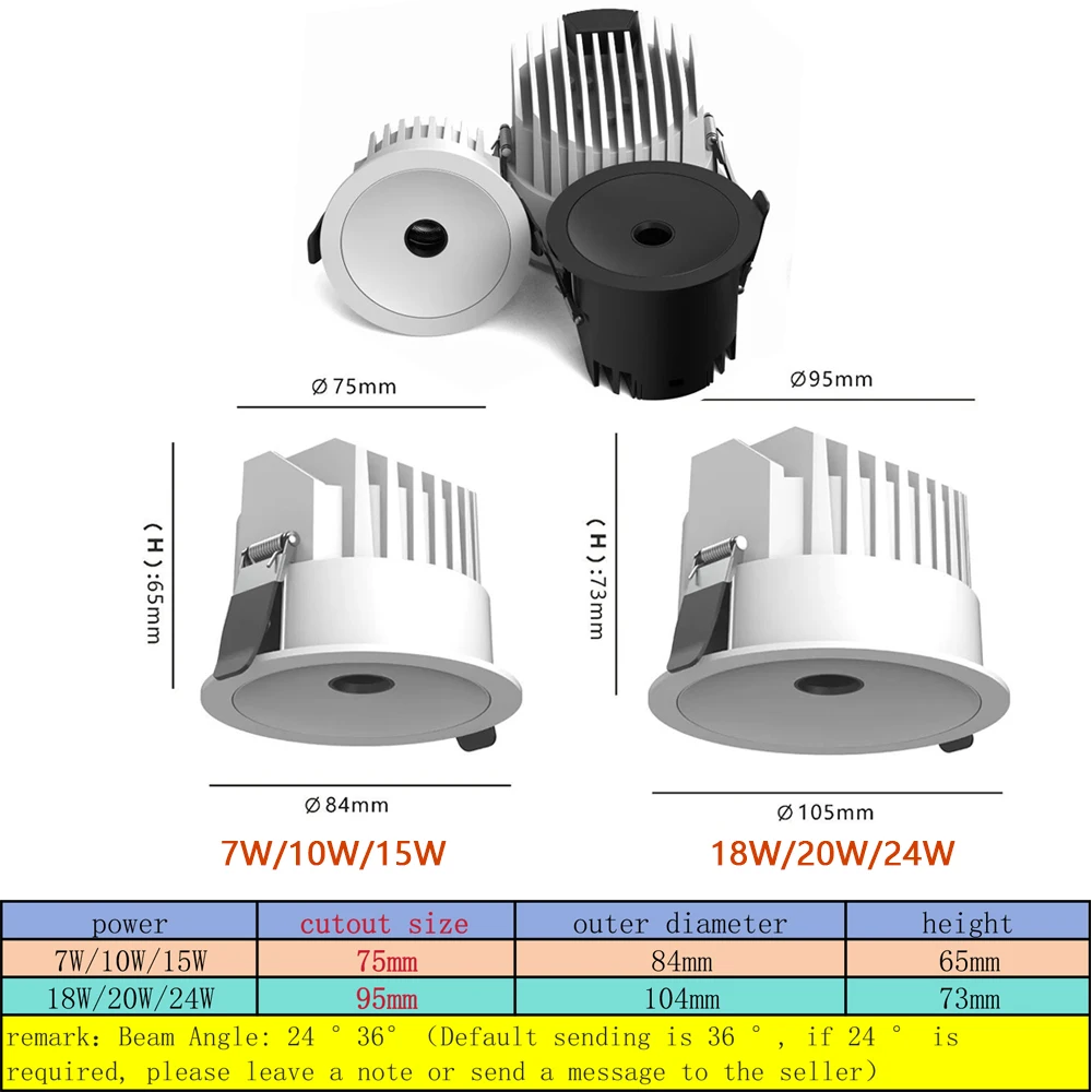 미세다공성 포커싱 조명, 24 ° /36 ° 딥 안티글레어 스포트라이트, AC110-220V, 내장형 LED 스포트라이트, COB, 디밍 가능, 7W-24W