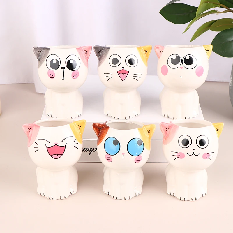 

1Pc Mini Cartoon Cute Cat Shaped Ceramic Flowerpot Desktop Potted Expression Cat Plant Pot Desk Decorate Small Ornament