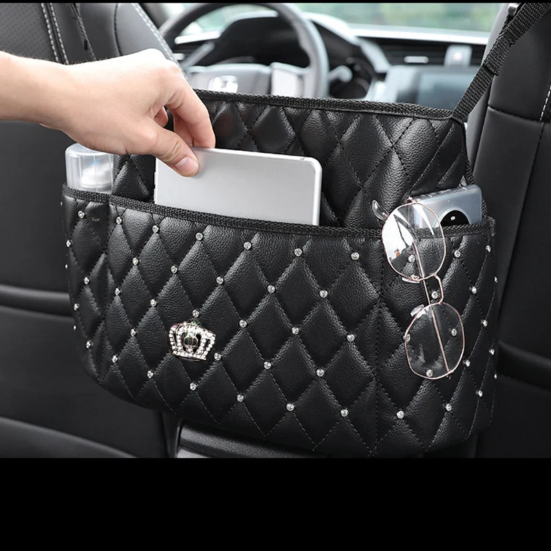 Crown Rhinestone Car Center Seat Storage Bag Diamond Leather Multifunctional Car Seat Back Hanging Bag for Handbag Pocket Kids