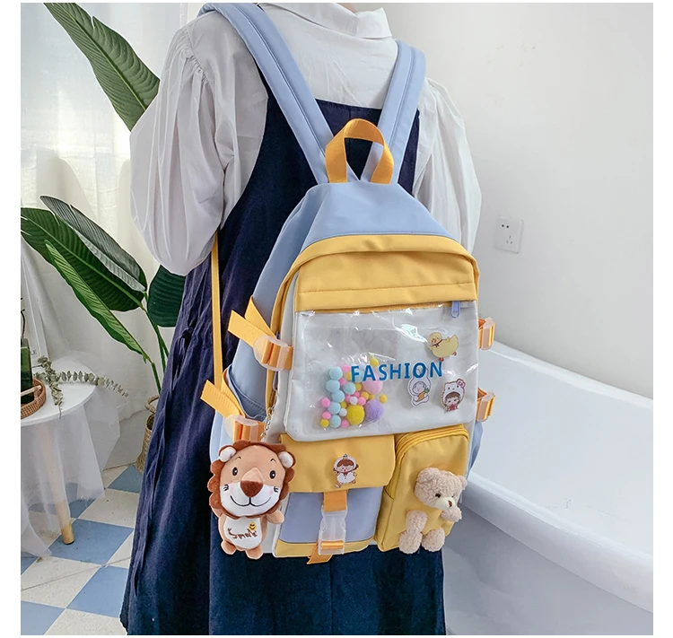Mochila para Adolescente Cor à Prova Moda Menina Coreano Distintivo Fivela Schoolbag Feminino Dwaterproof Água Retalhos Backbag Bonito Estudante Livro Bolsas 7 Home & Garden