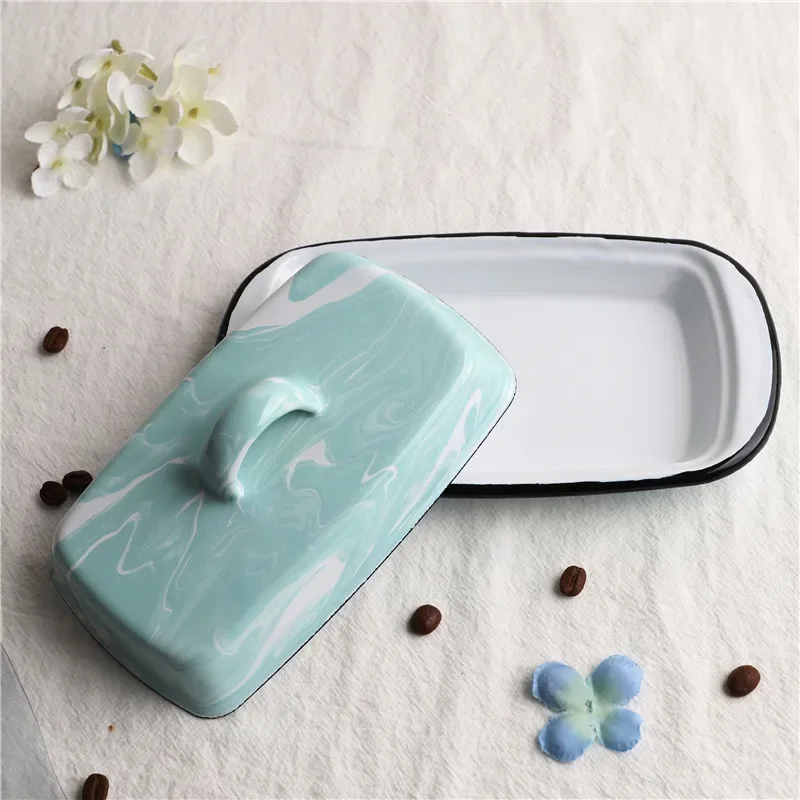 Retro Nostalgic Enamel Snack Tray with Lid Kitchen Dish Butter Box Cheese Storage Butter Dish Lid Serving