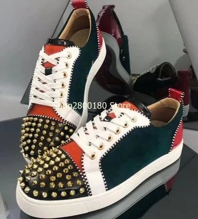 

Gold Spikes Rivet Patchwork Low Top Lace Up Sneakers Men's Round Toe Green White Orange Suede Breathable Flat Leisure Shoes