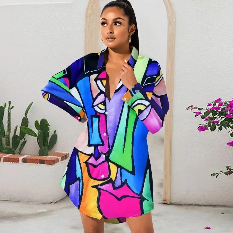 AEL Turn-down Collar Single Breasted Dress Mini Shirt Style Long Sleeved Casual Dresses