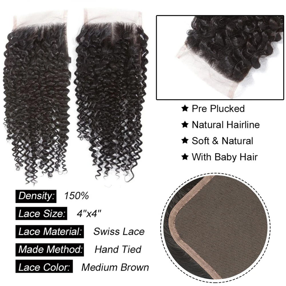 4x4 HD Transparent Lace Frontal Closure Human Hair Straight Body Wave Deep Kinky Curly Remy Hair Free Part PrePlucked Natural 5