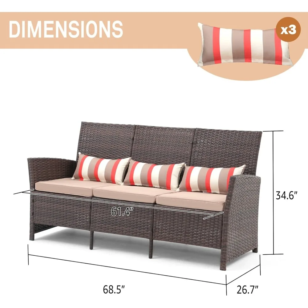 Outdoor Furniture 3 Seats Patio Couch, Outdoor Wicker Sofa, Brown PE Wicker with Beige Cushions & Lumbar Pillows, Porch, 2