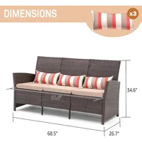 Outdoor Furniture 3 Seats Patio Couch, Outdoor Wicker Sofa, Brown PE Wicker with Beige Cushions & Lumbar Pillows, Porch, 2