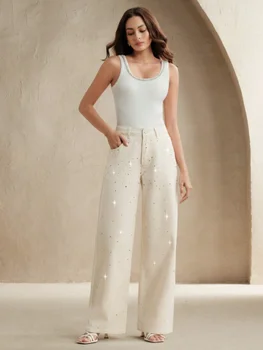 2025 autumn new style white women's wide-leg jeans with colorful diamond design  loose fit  slimming effect and good draping qua 1