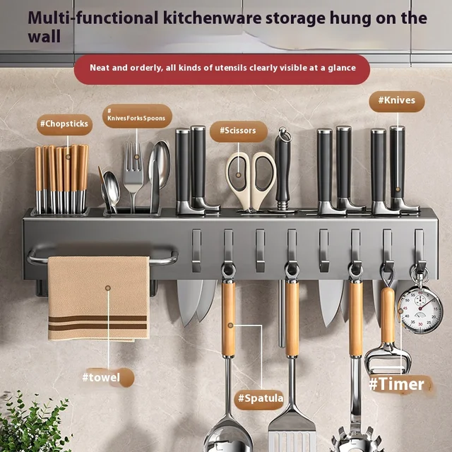 Support de Couteaux Mural Multifonction – Porte-Ustensiles avec Range-Baguettes Intégré 1