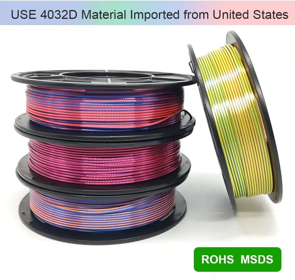 3D 프린터 필라멘트 3색 실크 PLA 필라멘트 1.75mm, 250g X 4팩, 무지개 같은 멀티컬러 필라멘트