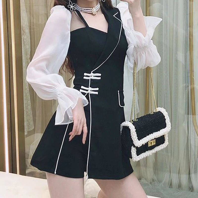 

Skirt suit summer new asymmetric suit collar splicing flared sleeve split top bottoming shorts two-piece suit