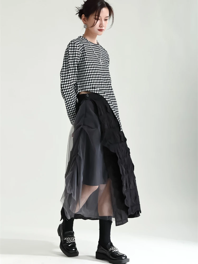 

Women Spring Skirt Japan Style Design Black Gray Contrast Heavy Work Stitching Mesh Pleated A-line Sweet Spicy Small Skirt D2935