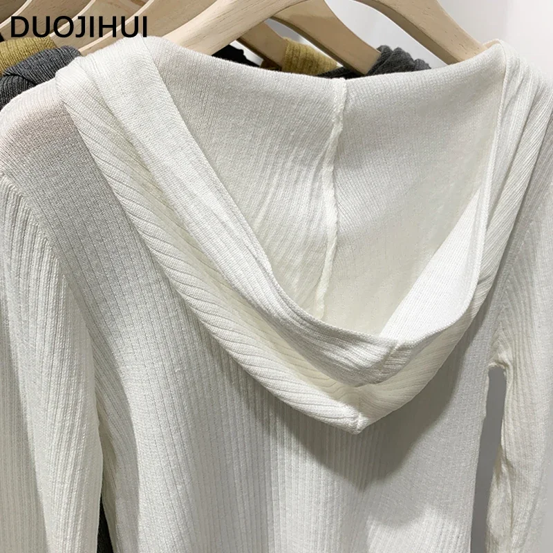 DUOJIHUI 여성용 루즈 슬림 스타일 캐주얼 가디건, 시크한 후드 니트, 심플한 단색 패션 지퍼, 가을 신상