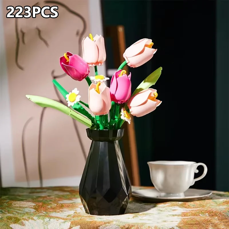 장미 튤립 꽃 모델 빌딩 블록 세트 3D 꽃다발 브릭 DIY 어린이 장난감 홈 데코레이션 성인용 소녀들을 위한 휴일 선물