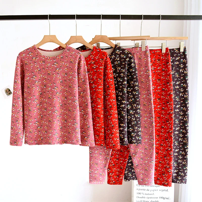 

Autumn Winter New Warming Pajamas Set Women Nightie Sleepwear Middle Aged And Elderly Home Suit New 2 piece Floral Lounge Wear