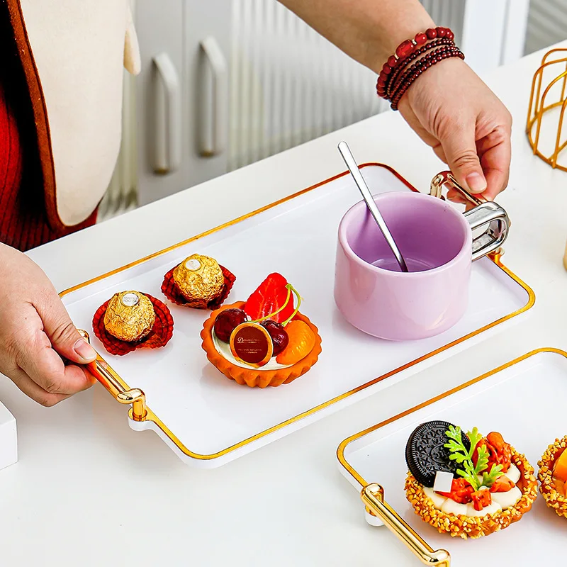 Rectangular Cosmetics Storage Tray Light Luxury Tray  Ins Style Tea Tray Kitchen Home Tray Handle for Living Room Coffee Shop