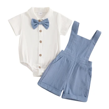 Baby Boy Gentleman Outfit Solid Color Short Sleeve Lapel Romper with Overalls Shorts and Bow Tie 3 Pcs Set 1