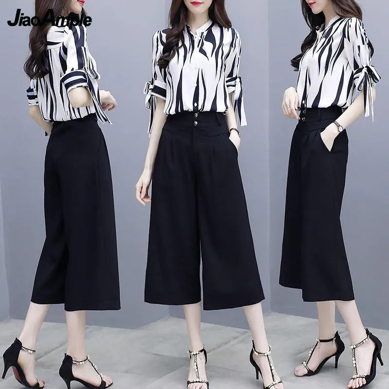 Women's Clothes 2022 Summer Casual Chiffon Shirt + Seven-point Wide Leg Pants Two-Piece Korean Elegant Striped Top Trousers Suit luckymarche match point 07 t shirt qwtax23512gym