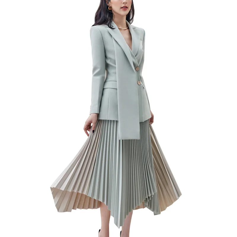 Women Suit Set 2 Pieces Blazer Pleated Prom Dress Formal Office Lady Jacket Irregular Stitching