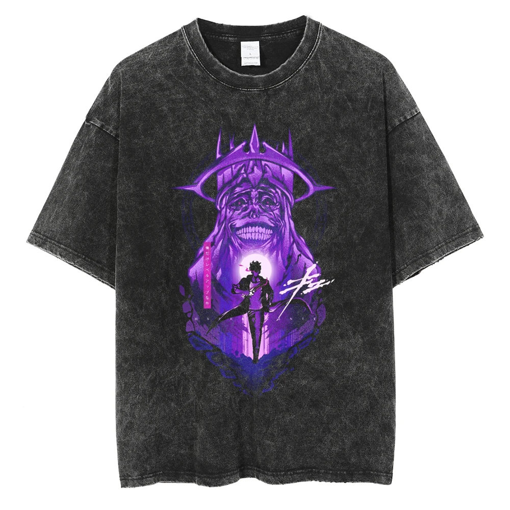 Männer Frauen Vintage Gewaschene Baumwolle T Shirt Streetwear Anime Solo Nivellierung Grafik Drucken Tops Harajuku Lose Kurzarm T-shirts – Detail 7