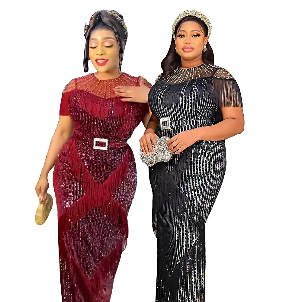 Plus Size Sequin Evening Dress Women Fringed Luxury Prom Elegant Chubby Cloth With Belt Female Long Robe 2023 Summer Party Dress