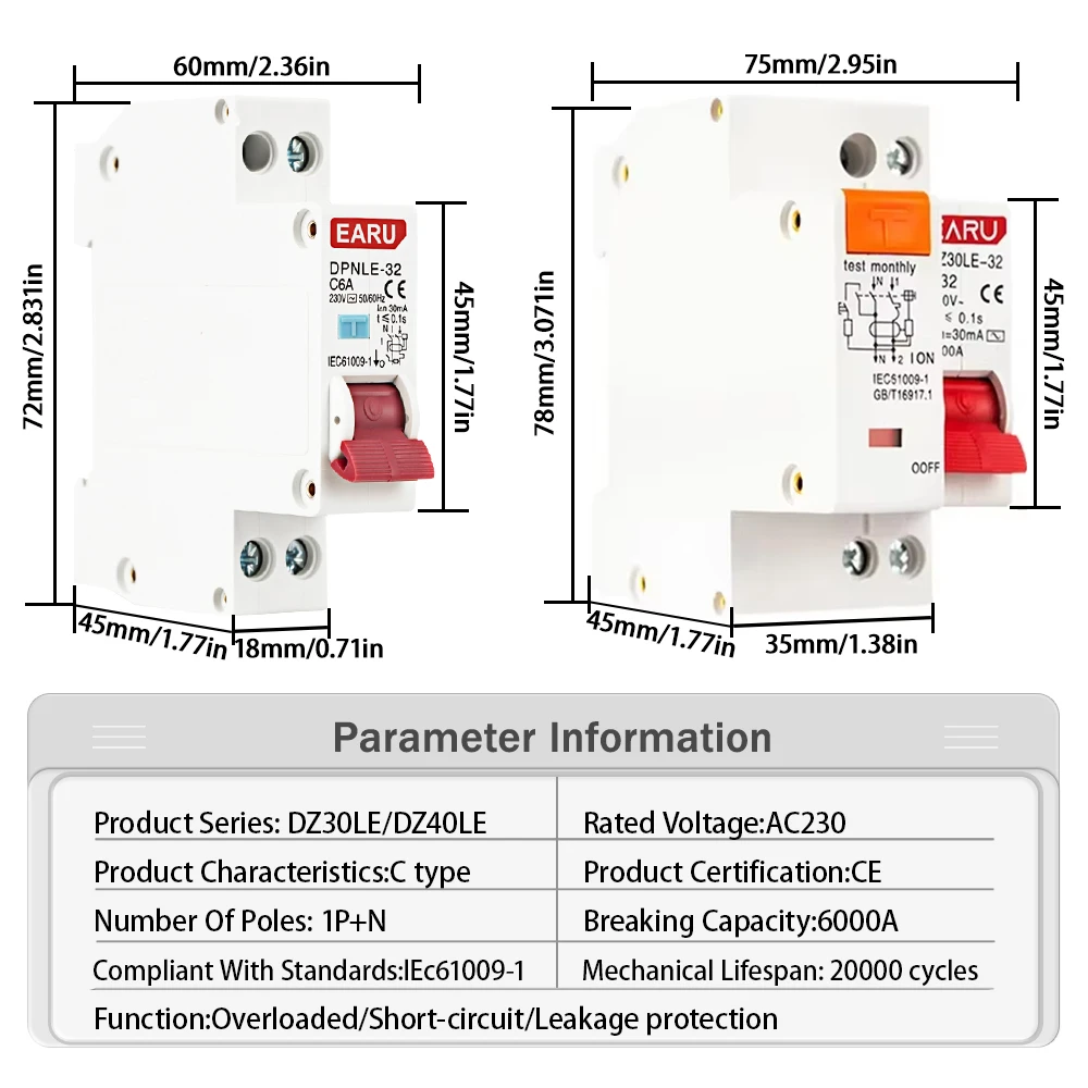 DPNL 230V 50/60Hz RCBO MCB 1P+N 6KA Residual Current Differential Automatic Circ