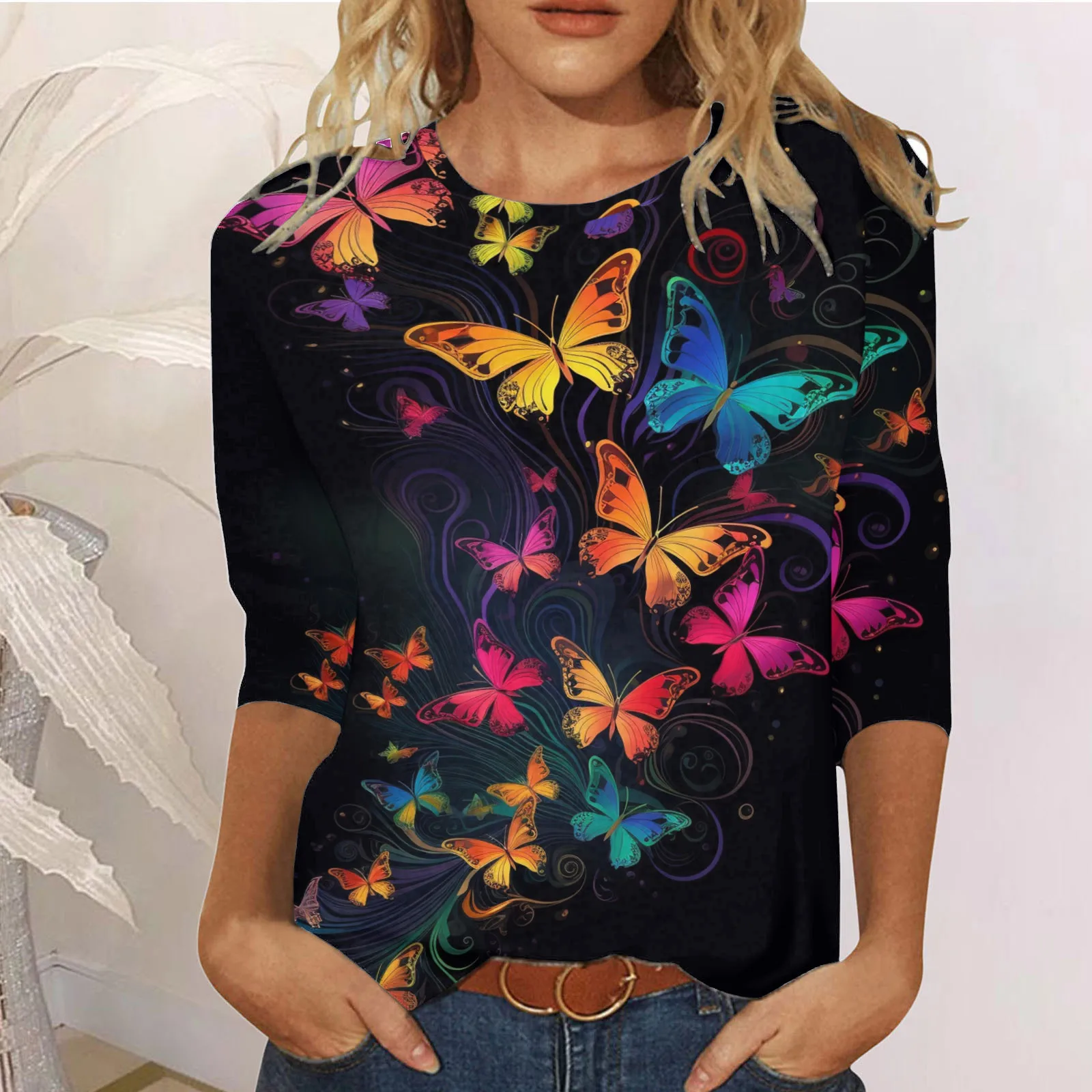 

Women Suitable Tops Round Neck Three Quarter Sleeve Comfortable Floral Print Blouse T Shirts